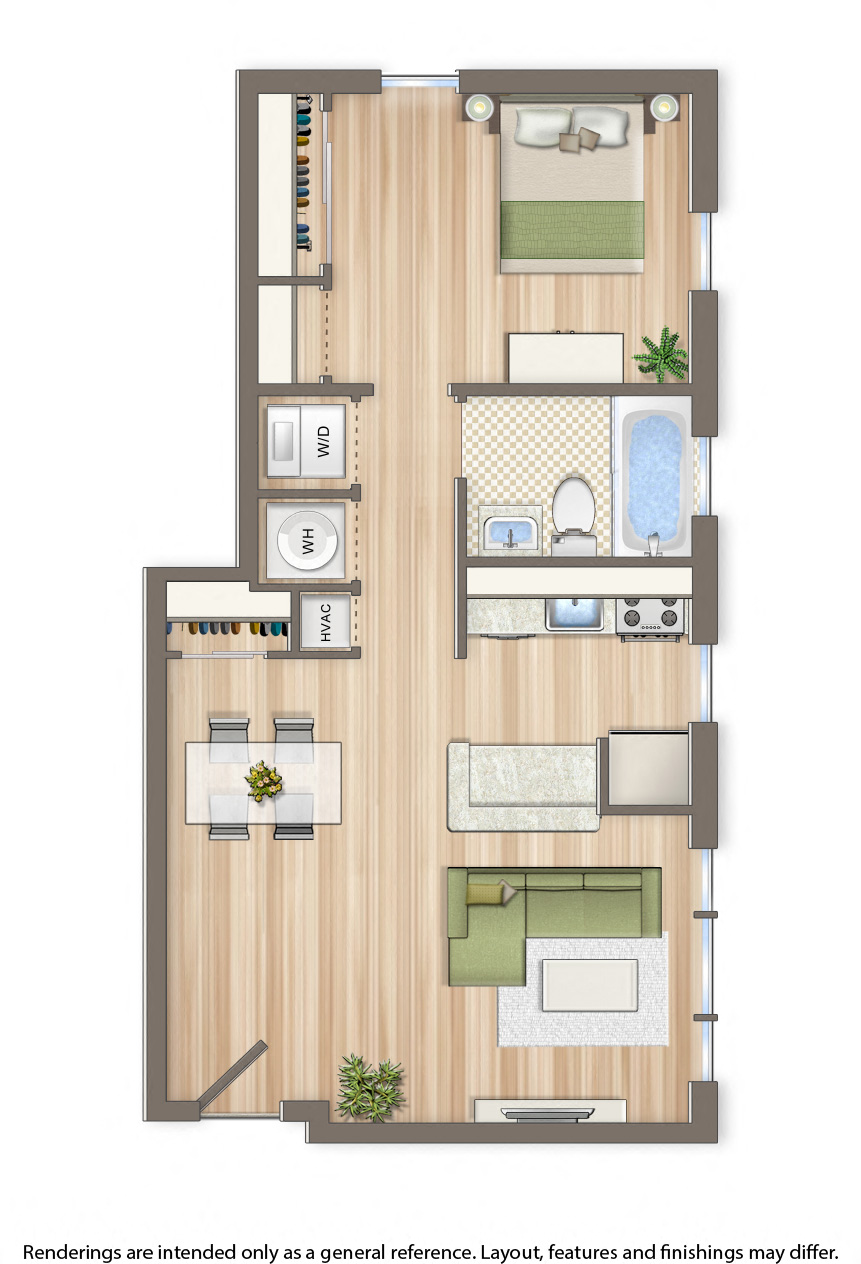 Floor plan for 1 bed, 1 bath, 600 sqft